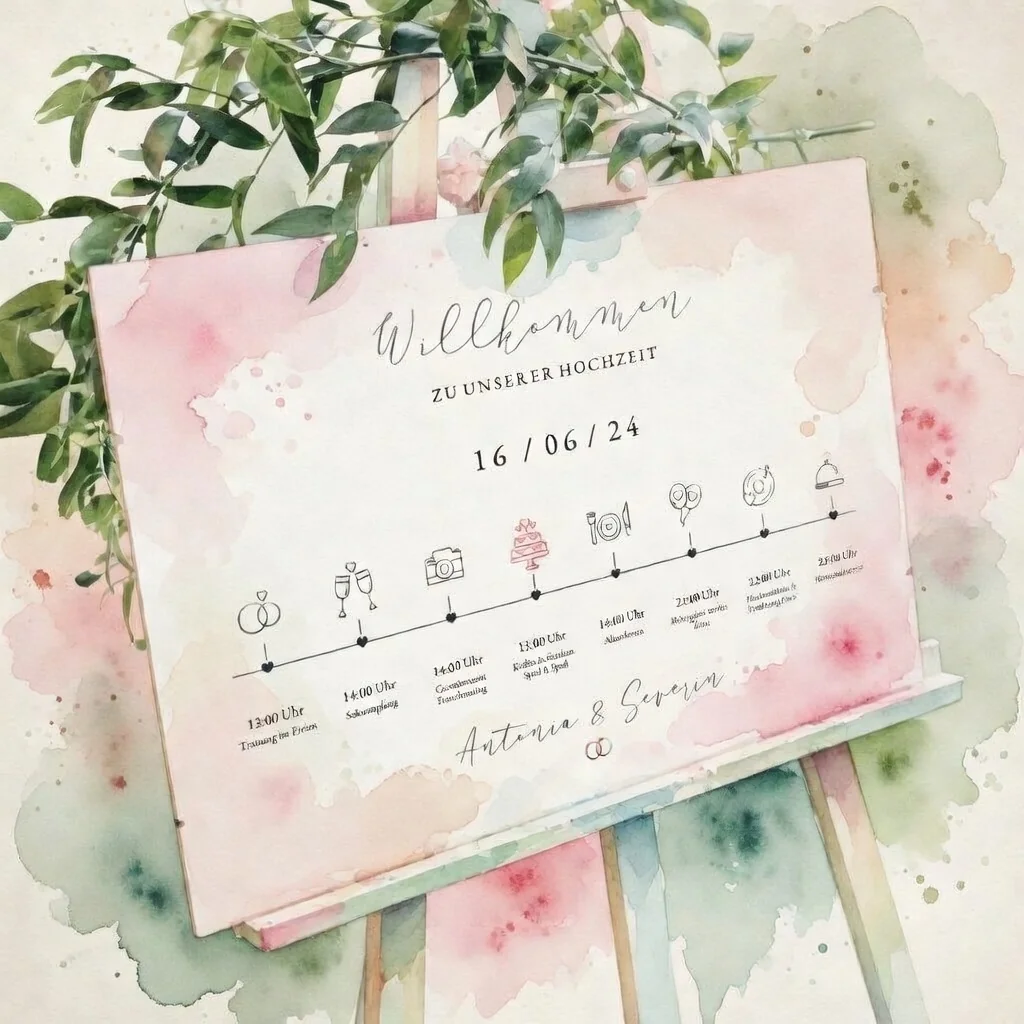 Hochzeits-Timeline mit Kompass und Einladungskarte — Aquarellillustration