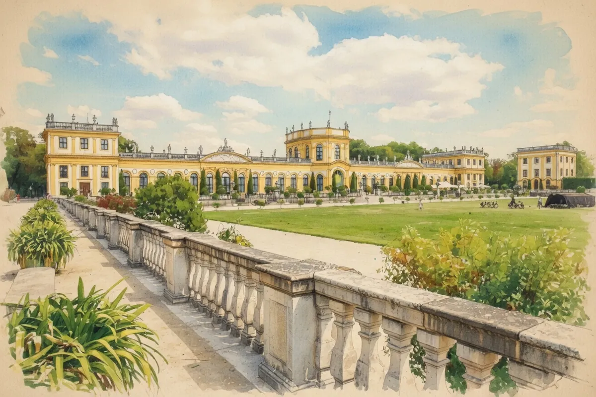 Aquarell-Illustration der Orangerie Kassel mit barocker Fassade und Karlsaue Park