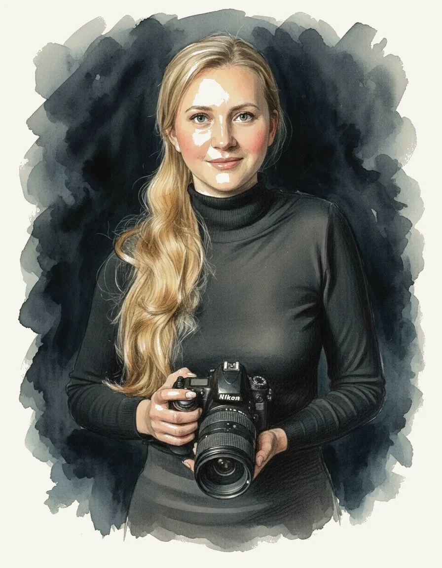 Natalia Tschischik bei der Arbeit als Hochzeitsfotografin — mit Kamera auf einer Hochzeit