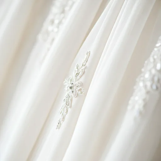 Detailaufnahme eines Brautkleides mit weichem Licht