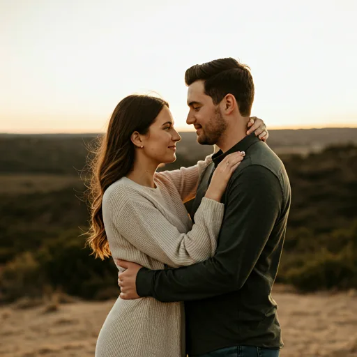 Couple embracing during sunset engagement photo session