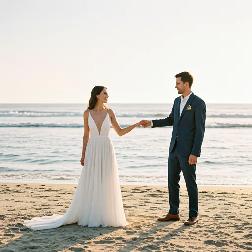 Bride and groom at a beach during after-wedding photo session