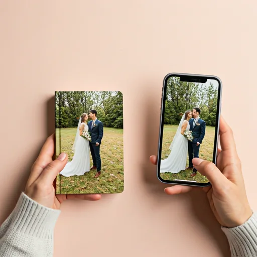 Hände halten ein Smartphone mit Hochzeitsfotos neben einem gedruckten Album